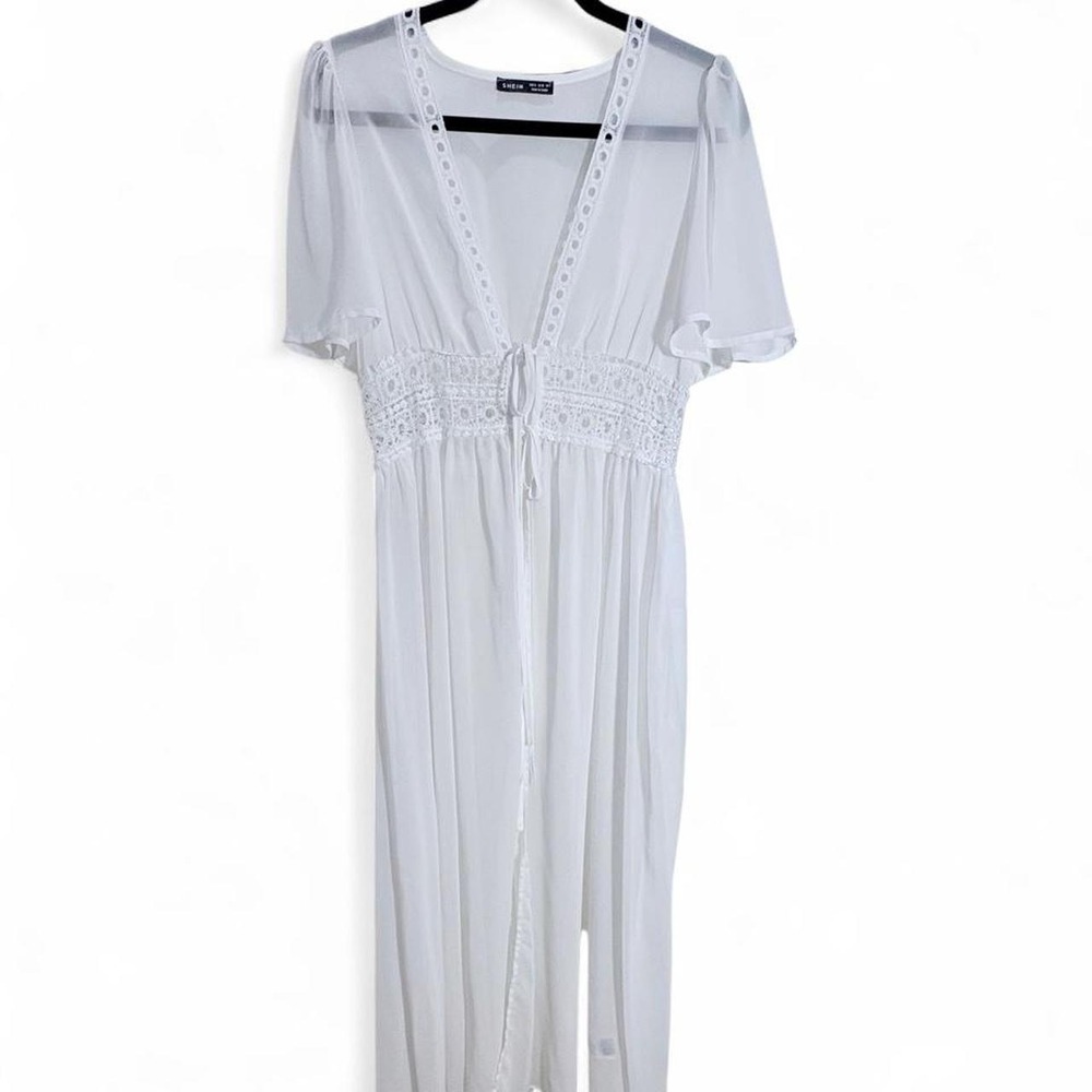 White Baby Doll Kimono Sheer Maxi Beach Cover Up Dress Boho Angel Resort wear M